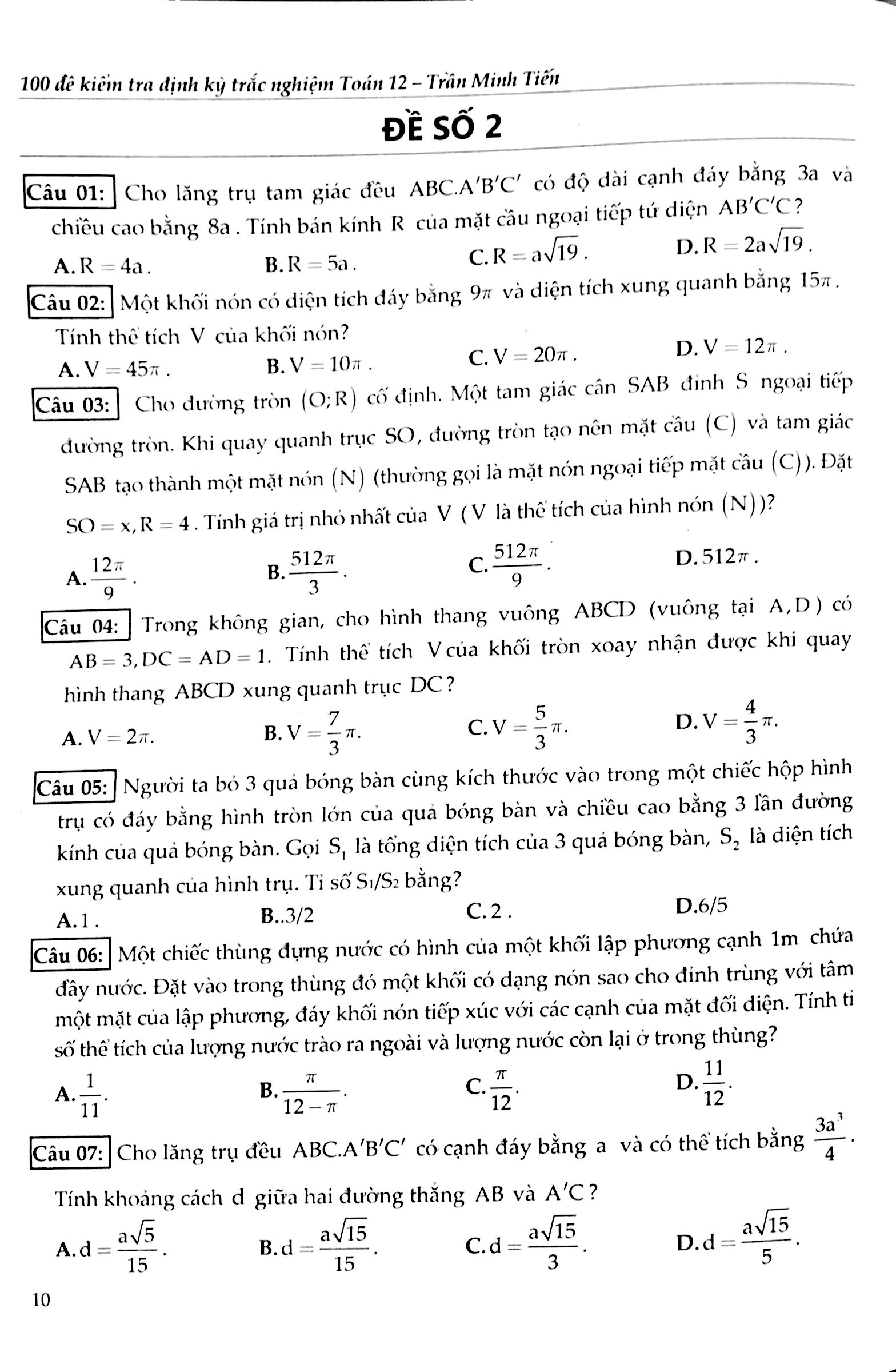100 đề kiểm tra định kì trắc nghiệm toán 12 - Ảnh 10