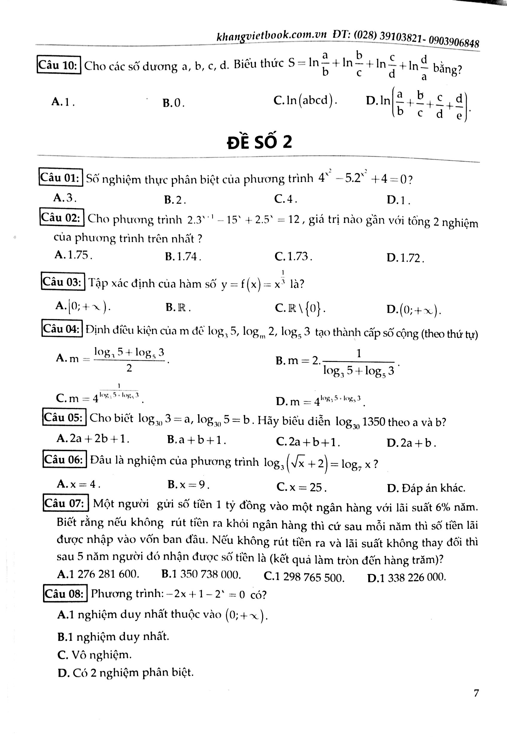 100 đề kiểm tra định kì trắc nghiệm toán 12 - Ảnh 7