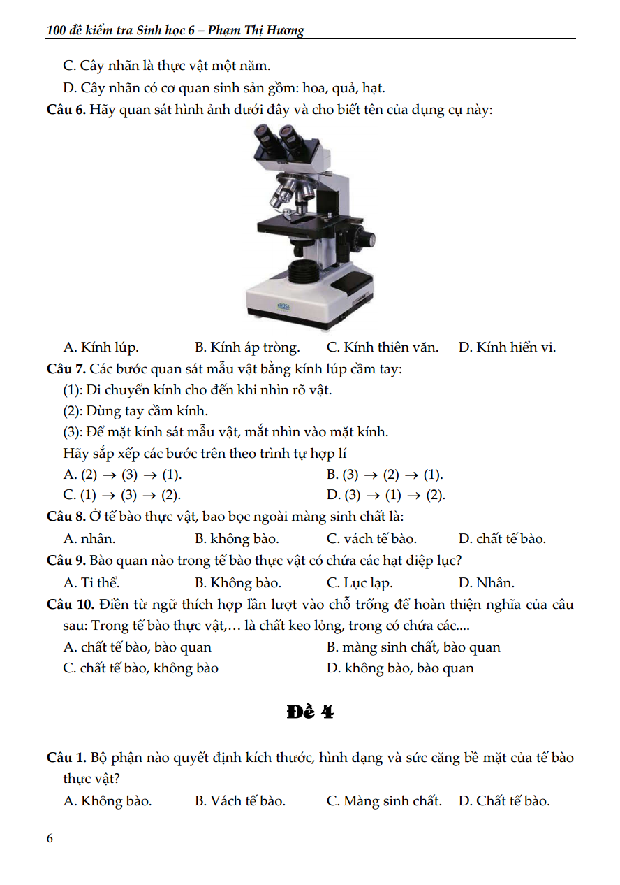 100 đề kiểm tra sinh học 6 - Ảnh 6