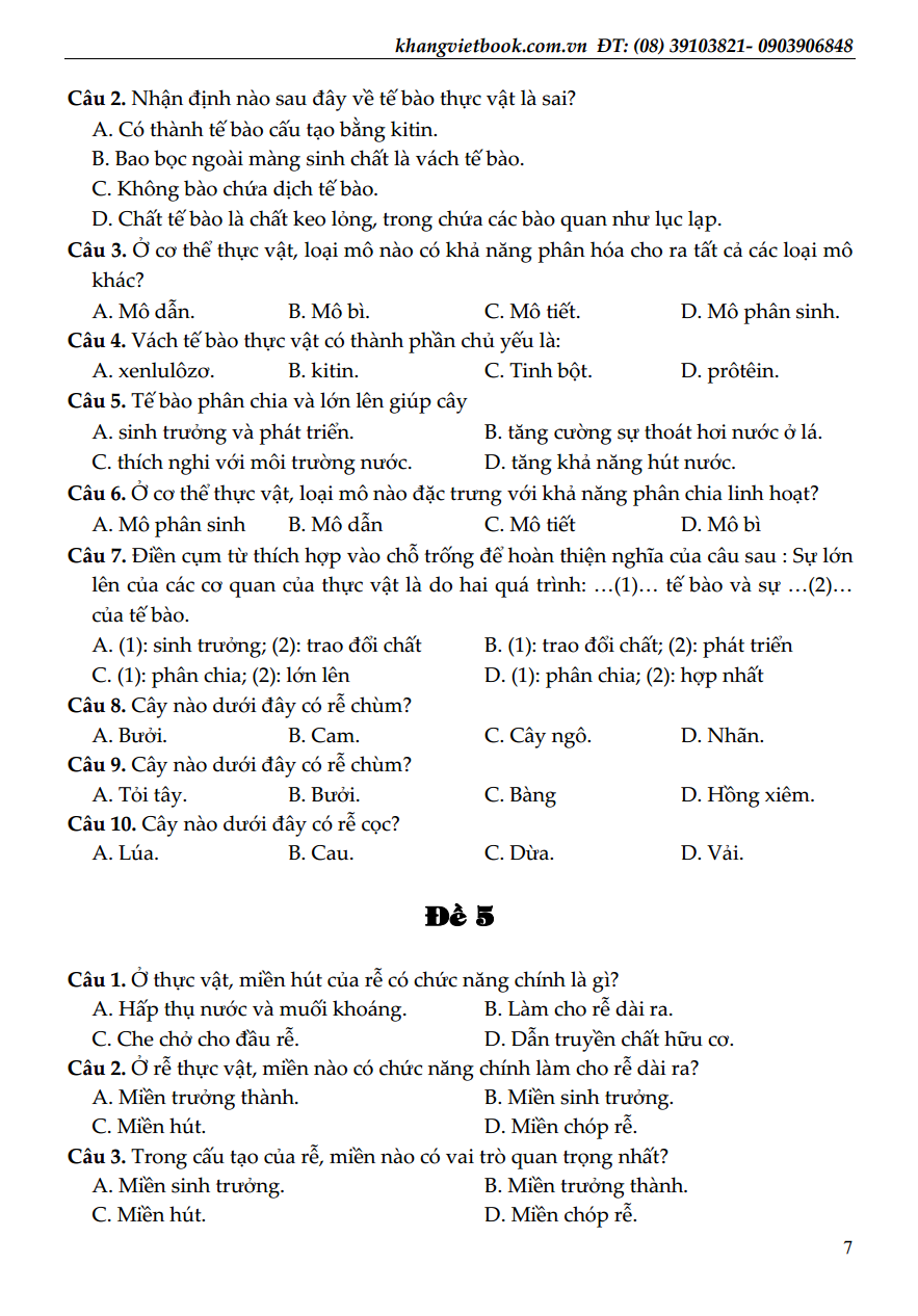 100 đề kiểm tra sinh học 6 - Ảnh 7