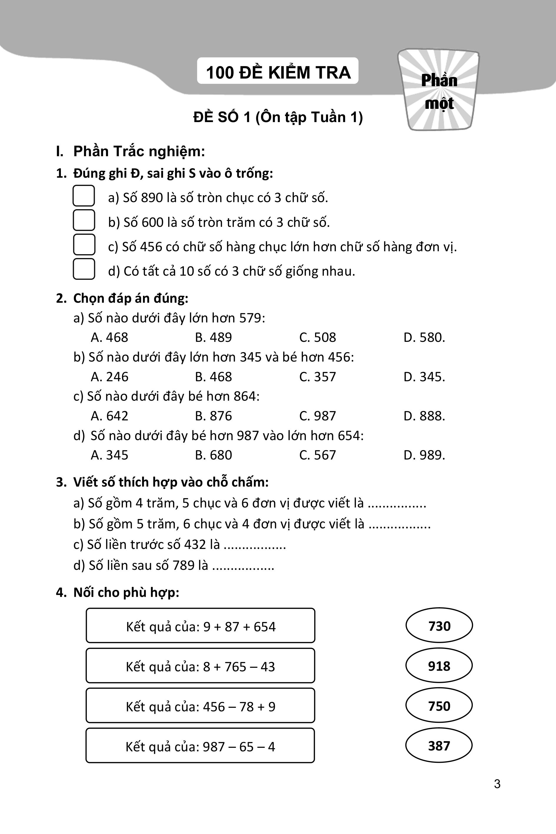 100 đề kiểm tra toán 3 - Ảnh 4