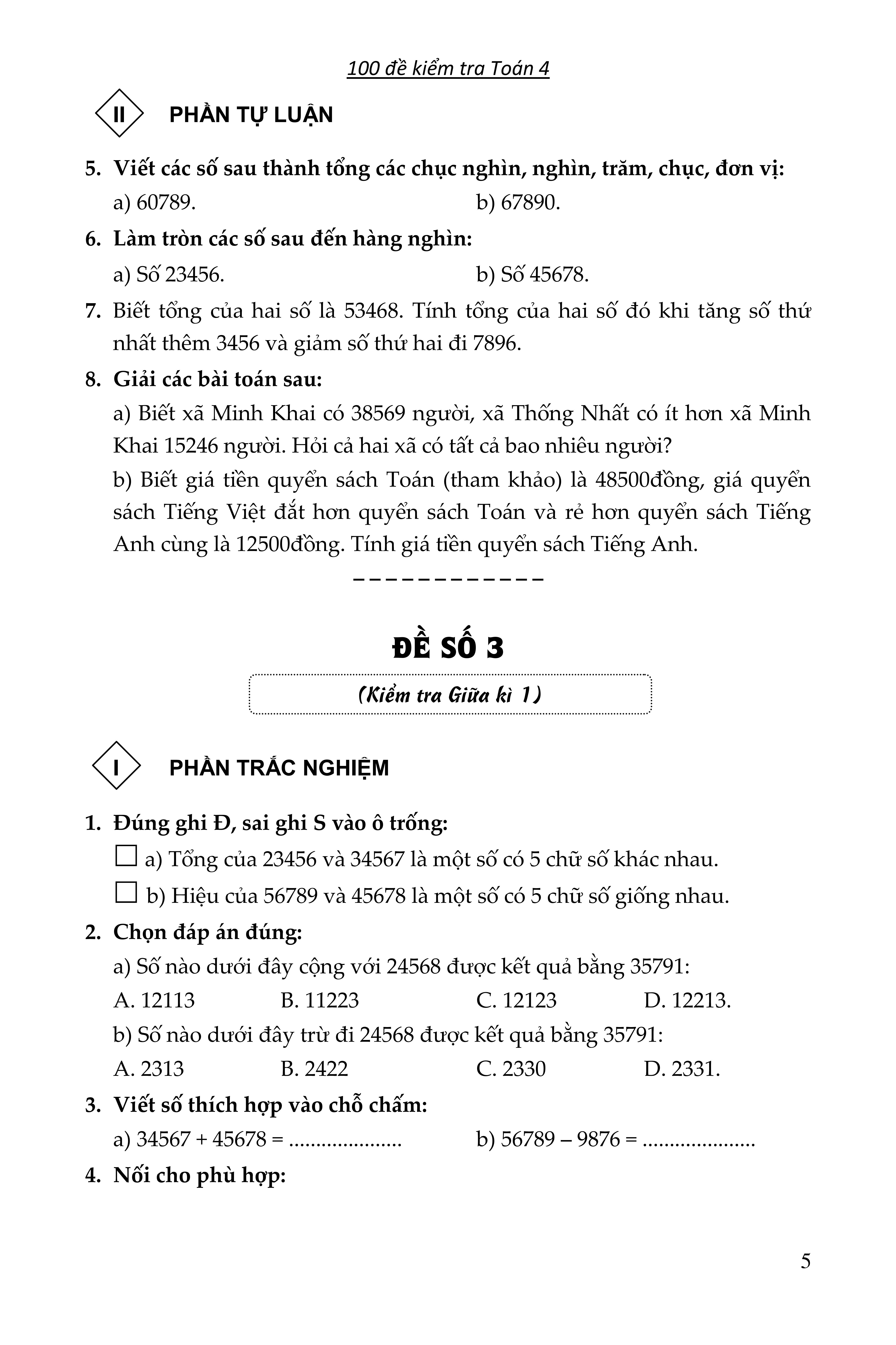 100 đề kiểm tra toán giúp em đạt điểm 10 môn toán 4 - Ảnh 6