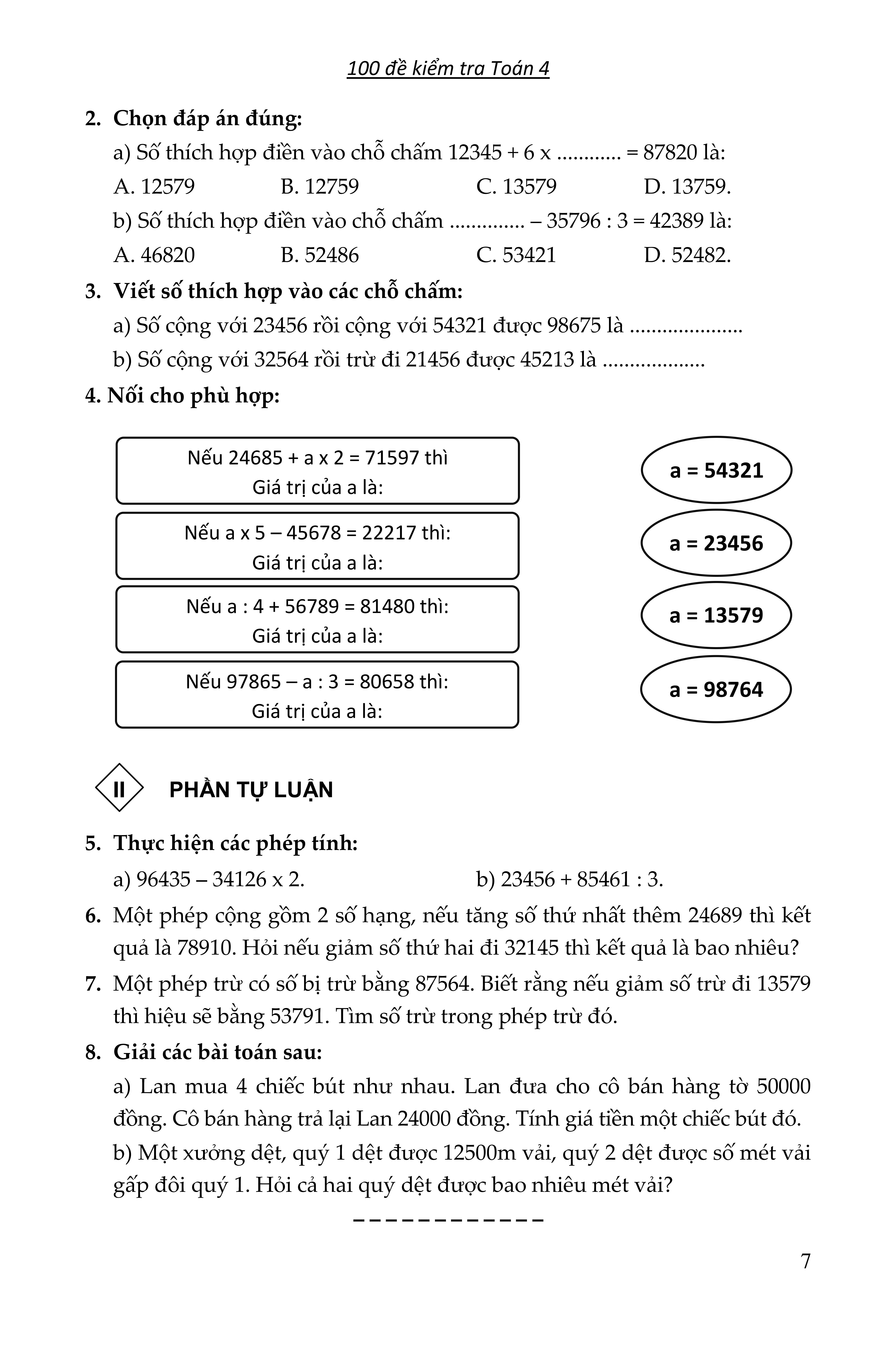 100 đề kiểm tra toán giúp em đạt điểm 10 môn toán 4 - Ảnh 8