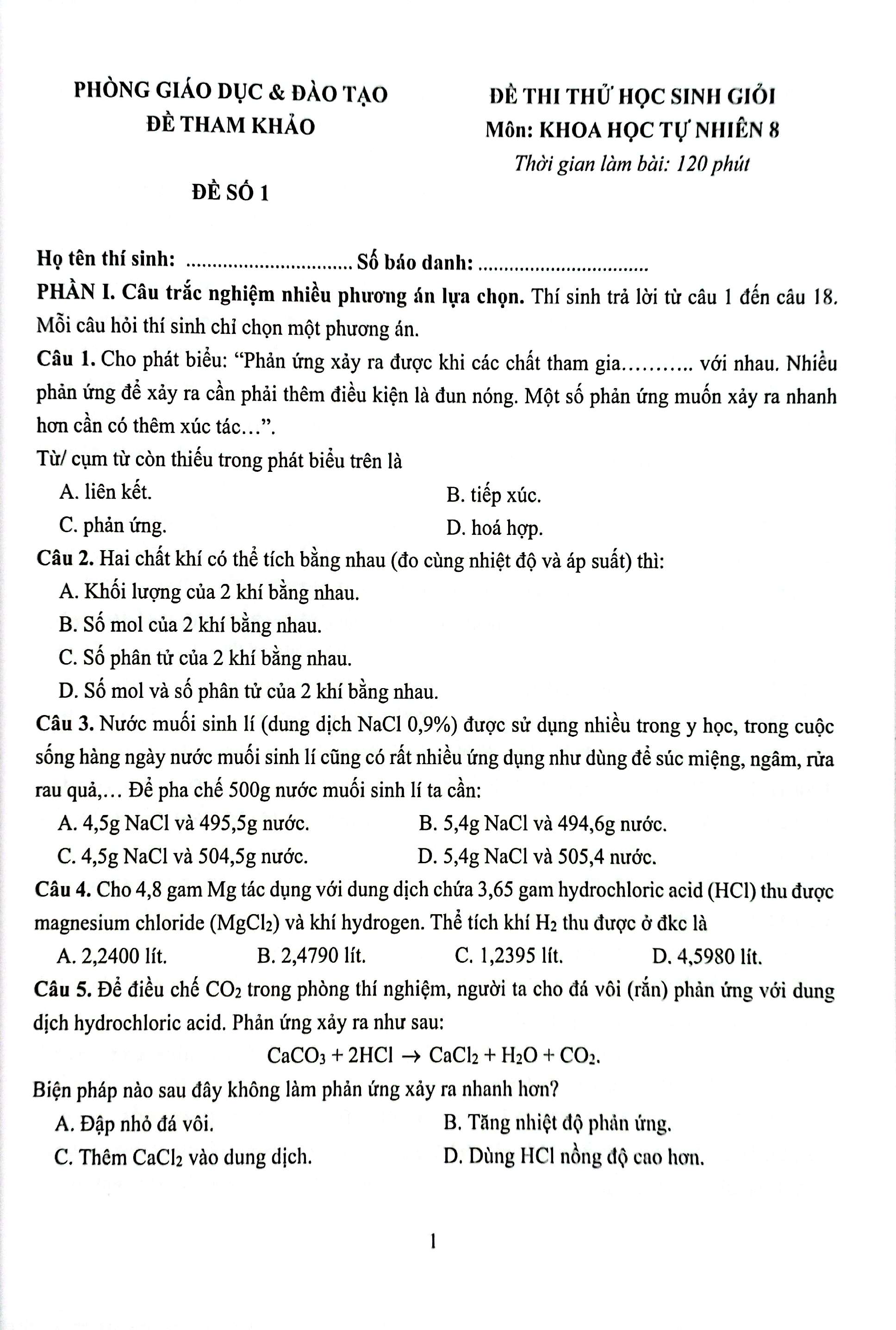 38 đề thi học sinh giỏi khoa học tự nhiên lớp 8 (biên soạn theo cấu trúc mới - dùng chung cho các bộ sgk hiện hành) - Ảnh 5