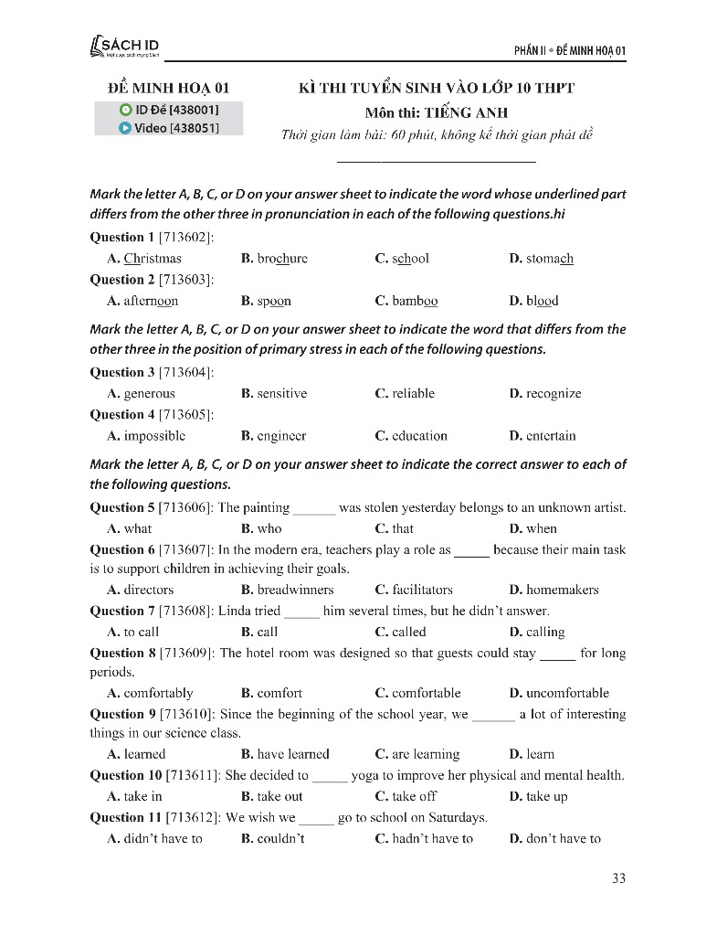 50 Đề Minh Họa Thi Vào 10 - Môn Tiếng Anh - Ảnh 3