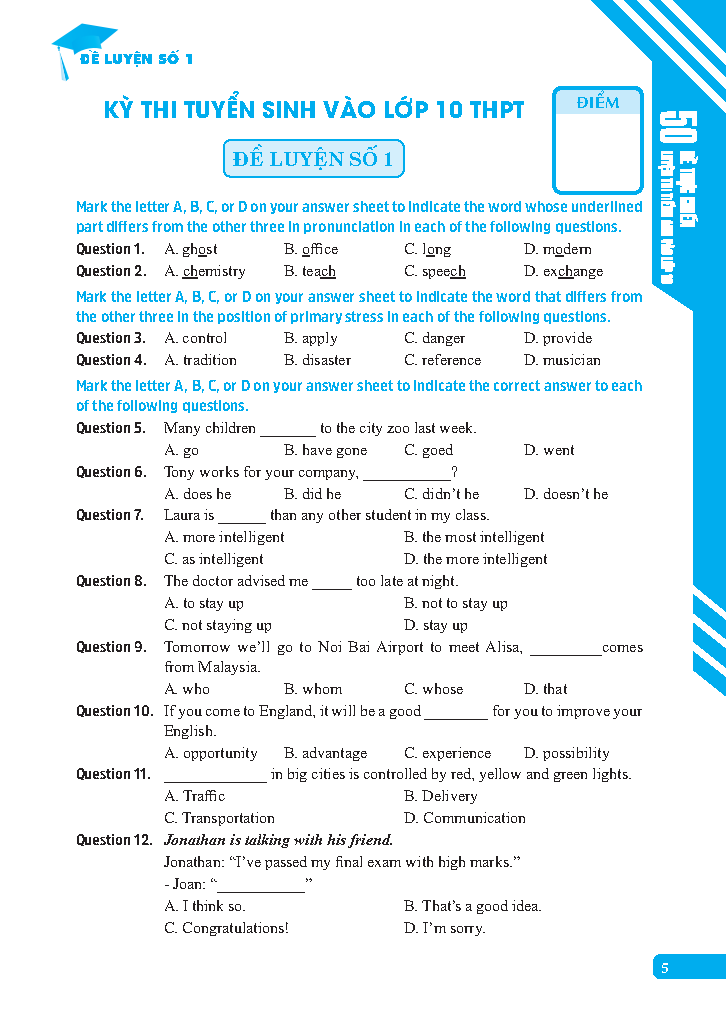 50 đề thực chiến luyện thi tiếng anh vào lớp 10 (có đáp án) - Ảnh 5