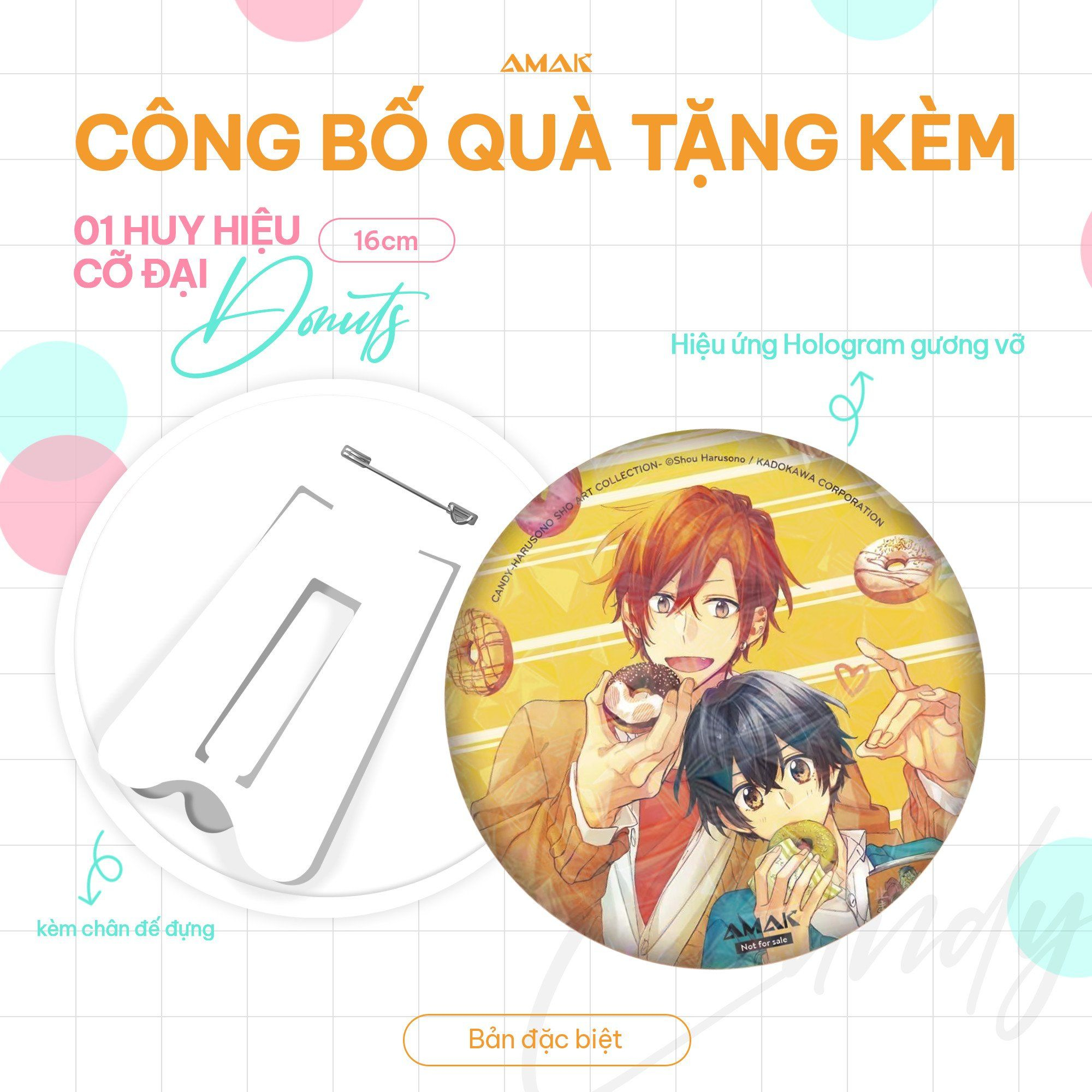 artbook candy - shou harusono art collection - bản đặc biệt - tặng kèm pop-up card tuổi thanh xuân + giá đỡ điện thoại forever youth + set 4 postcard sweet memories + clearfile đôi day and night a4 + poster a3 taisho + huy hiệu siêu cực đại donuts - Ảnh 8