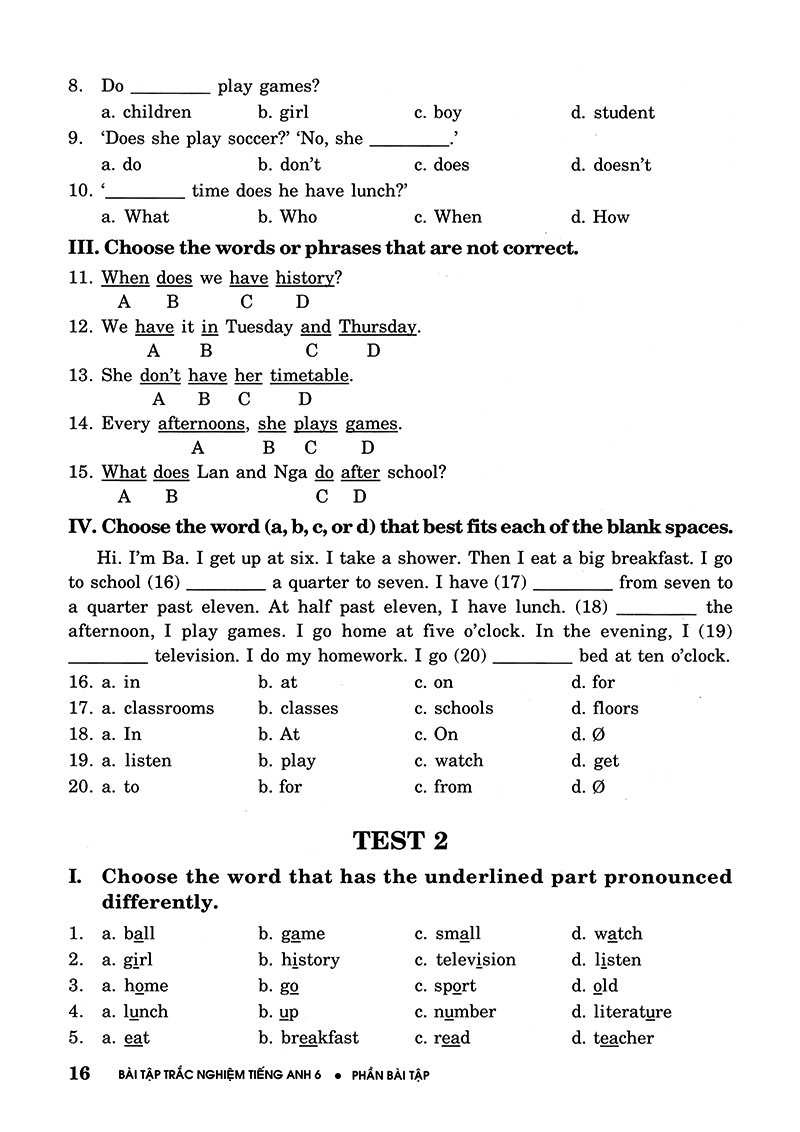 Bài Tập Trắc Nghiệm Tiếng Anh 6 (Không Đáp Án) (Tái Bản 2018) - Ảnh 14
