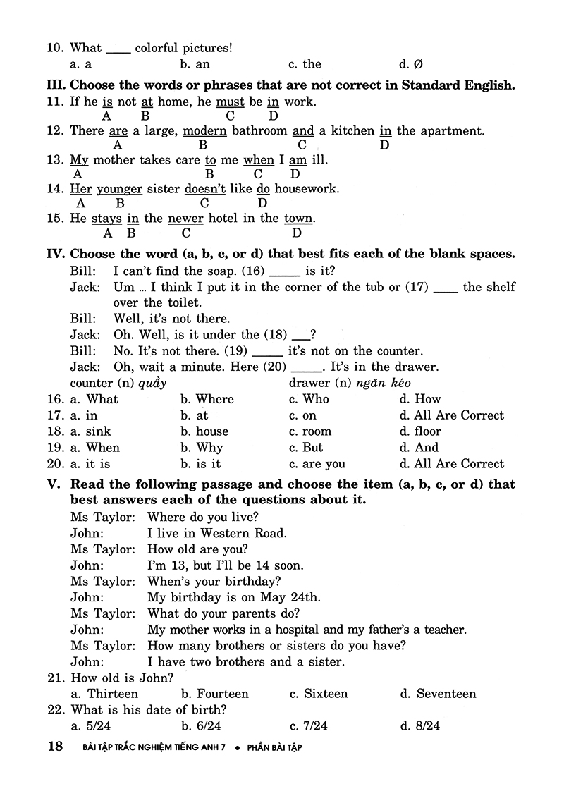 bài tập trắc nghiệm tiếng anh 7 (không đáp án) (tái bản 2018) - Ảnh 18