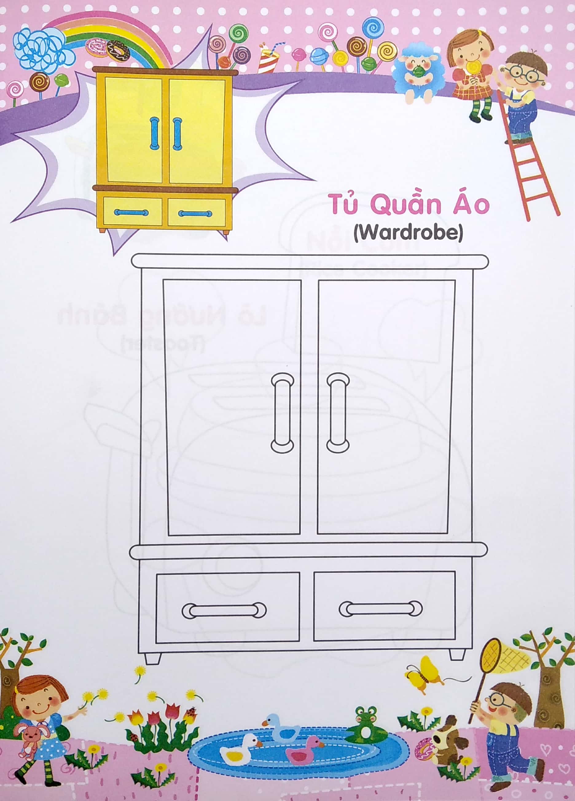 bé tập tô màu và học tiếng anh theo chủ đề - đồ dùng gia đình - Ảnh 6