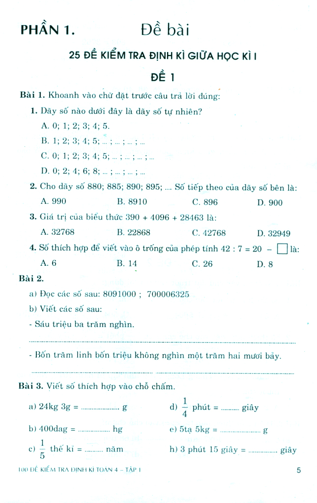 bộ 100 đề kiểm tra định kì toán 4 - tập 1 - có đáp án và lời giải (biên soạn theo chương trình gdpt mới) - Ảnh 5