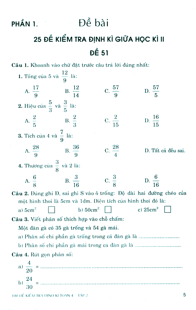 bộ 100 đề kiểm tra định kì toán 4 - tập 2 - có đáp án và lời giải (biên soạn theo chương trình gdpt mới) - Ảnh 5