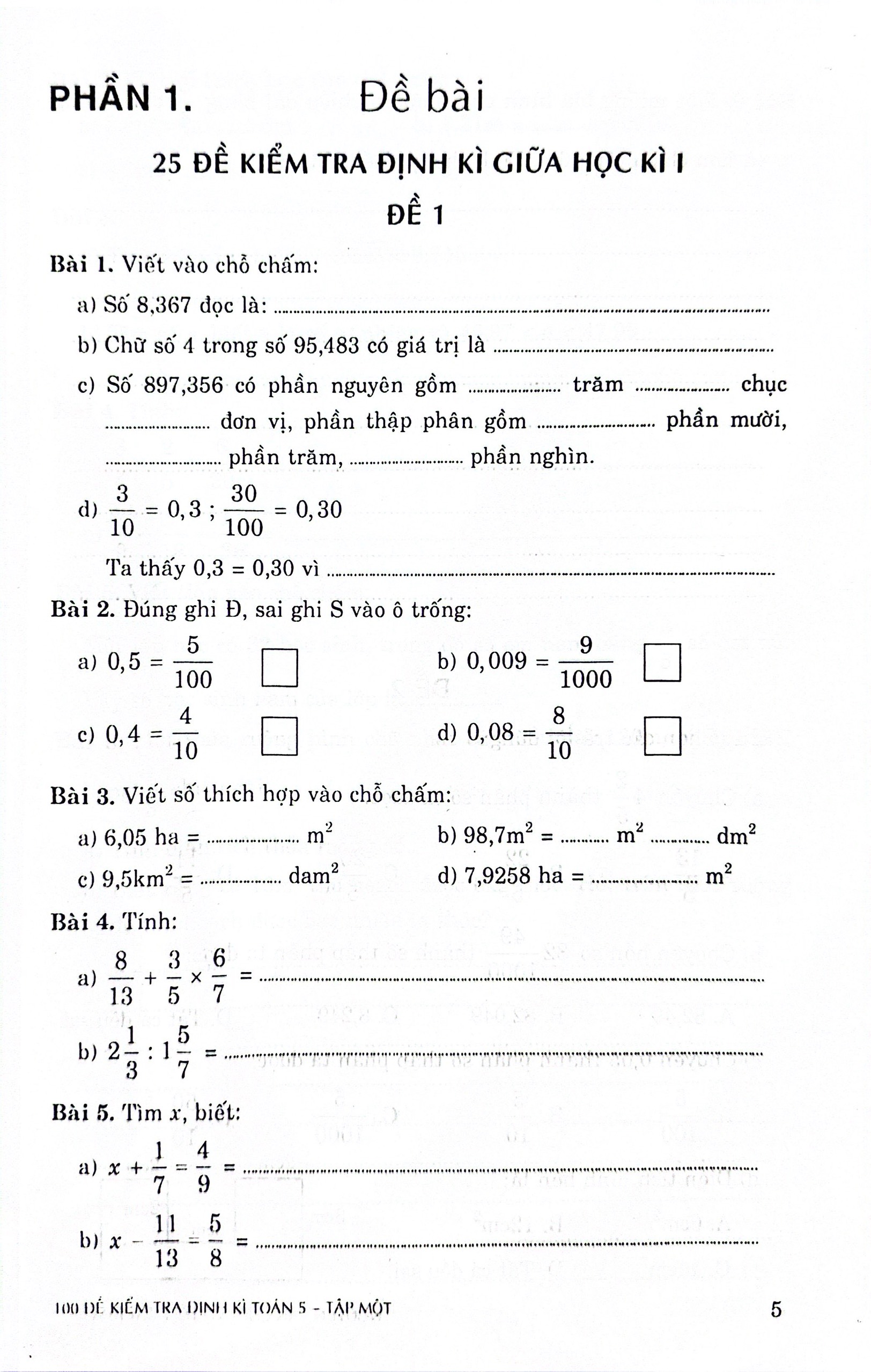 Bộ 100 Đề Kiểm Tra Định Kì Toán 5 - Tập 1 (Theo Chương Trình GDPT Mới) - Ảnh 5
