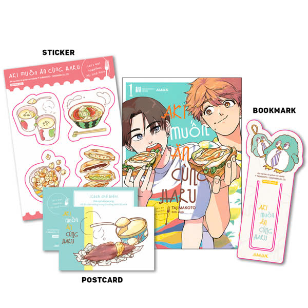 Bộ Aki Muốn Ăn Cùng Haru - Let's Eat Together, Aki And Haru - Tập 1 - Tặng Kèm Sticker + Clear Bookmark + Postcard Hai Mặt