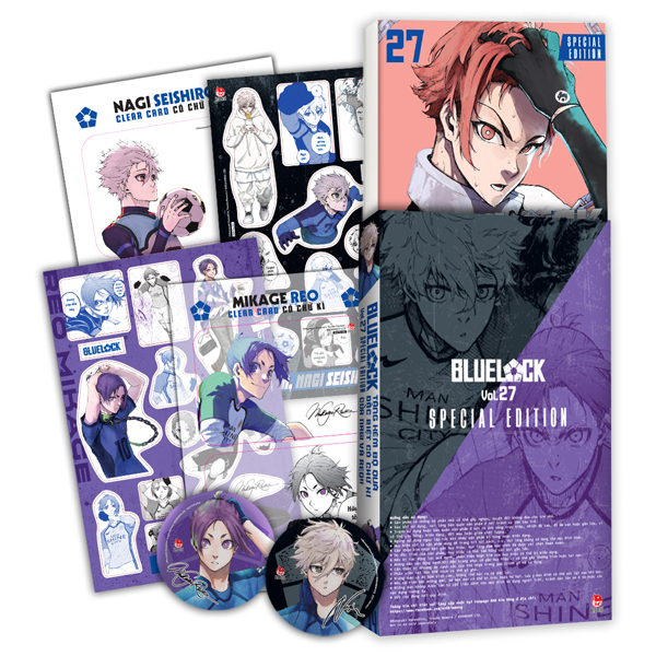 Bộ BlueLock - Tập 27 - Bản Đặc Biệt - Tặng Kèm Bộ 3 Quà Tặng Có Chữ Kí Của Nagi Và Reo (Clear Card + Bảng Sticker + Huy Hiệu)