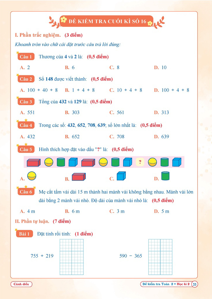 Bộ Đề Kiểm Tra Toán 2 - Học Kì 2 (Cánh Diều) - Ảnh 3