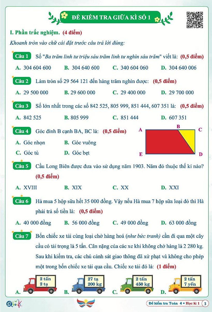Bộ
Đề Kiểm Tra Toán 4 - Học Kì 1 (Cánh Diều) - Ảnh 4