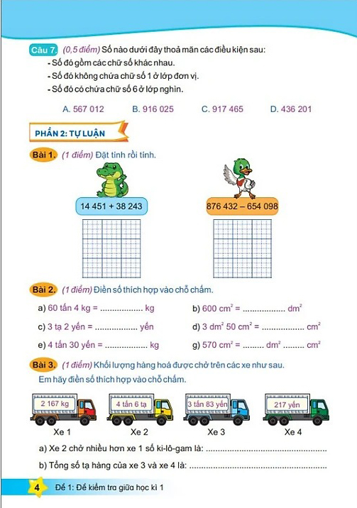 Bộ Đề Kiểm Tra Toán 4 - Học Kì 1 (Kết Nối) - Ảnh 4