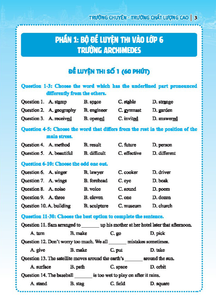 bộ đề luyện thi môn tiếng anh vào lớp 6 trường chuyên, trường chất lượng cao - có đáp án - Ảnh 4