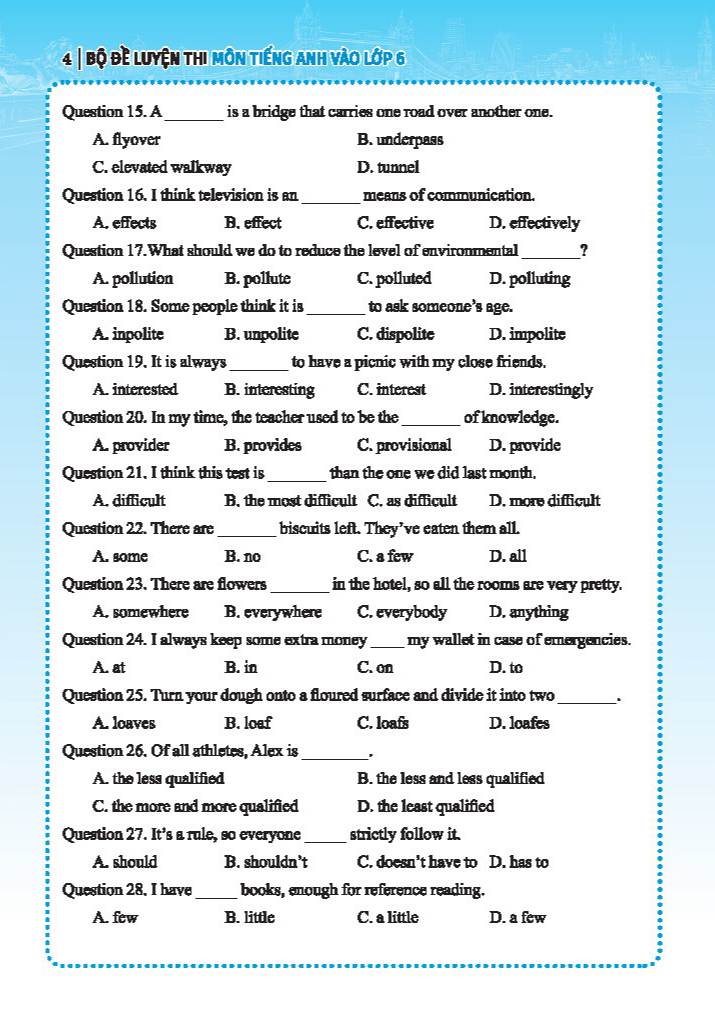 bộ đề luyện thi môn tiếng anh vào lớp 6 trường chuyên, trường chất lượng cao - có đáp án - Ảnh 5