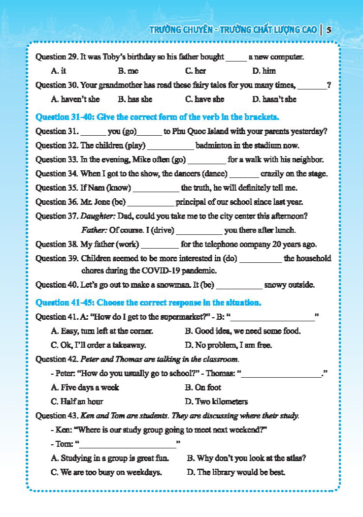 bộ đề luyện thi môn tiếng anh vào lớp 6 trường chuyên, trường chất lượng cao - có đáp án - Ảnh 6