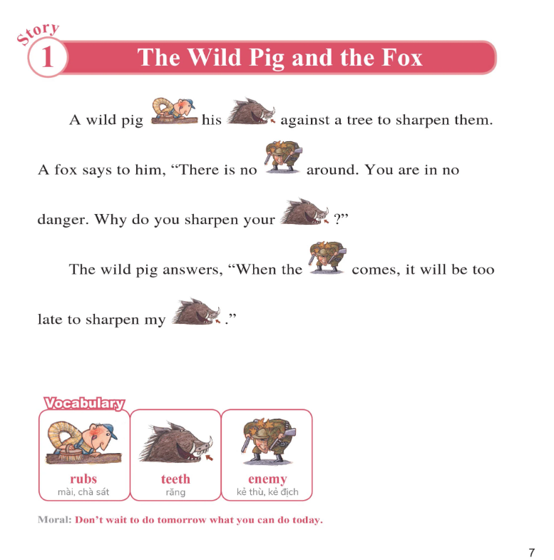 bộ learn english with fables 10 - học tiếng anh qua truyện ngụ ngôn - tập 10 - the wild pig and the fox - lợn rừng và cáo - Ảnh 5