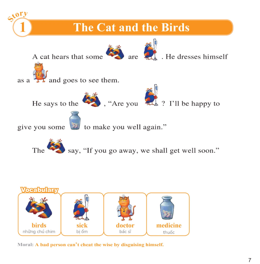 bộ learn english with fables 8 - học tiếng anh qua truyện ngụ ngôn - tập 8 - the cat and the birds - mèo và chim - Ảnh 5
