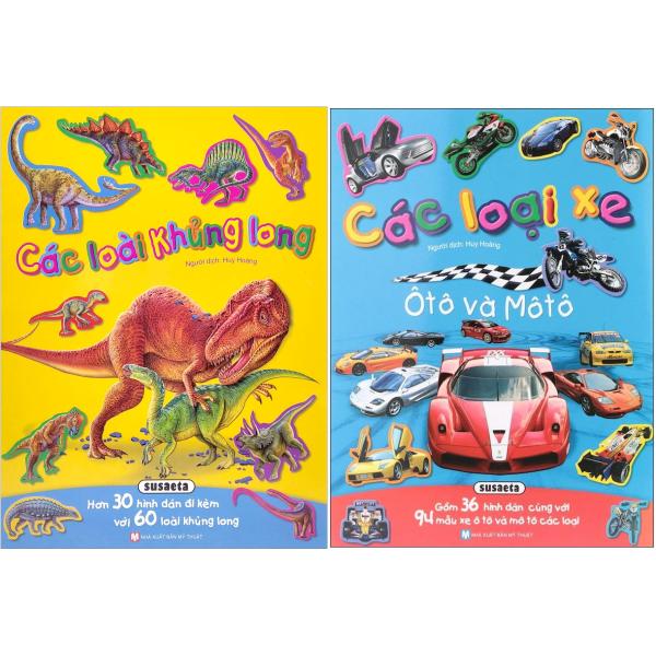 bộ sách những hình dán sống động - các loài khủng long + các loại xe ô tô và mô tô (bộ 2 cuốn)