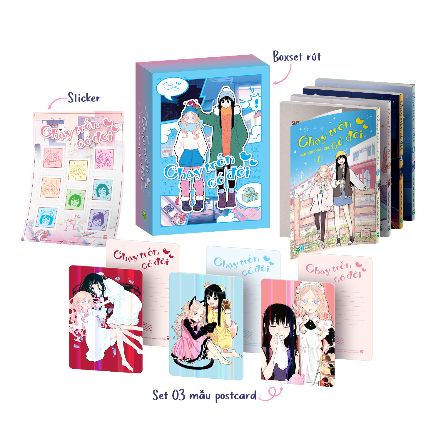 Boxset Manga - Chạy Trốn Có Đôi: Tập 1 - 4 (Hộp 4 Tập) - Bản Đặc Biệt - Tặng Kèm Set 3 Mẫu Postcard + Sticker - Ảnh 2