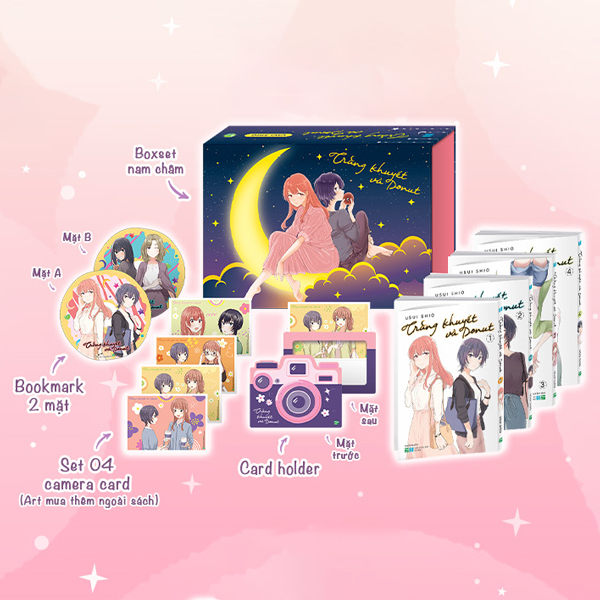 Boxset Manga - Trăng Khuyết Và Donut: Tập 1 - 4 (Hộp 4 Tập) - Bản Đặc Biệt - Tặng Kèm Bookmark 2 Mặt + Set 4 Camera Card + Card Holder