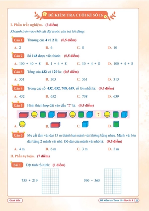 đề kiểm tra toán 2 - học kì 2 (cánh diều) - Ảnh 3