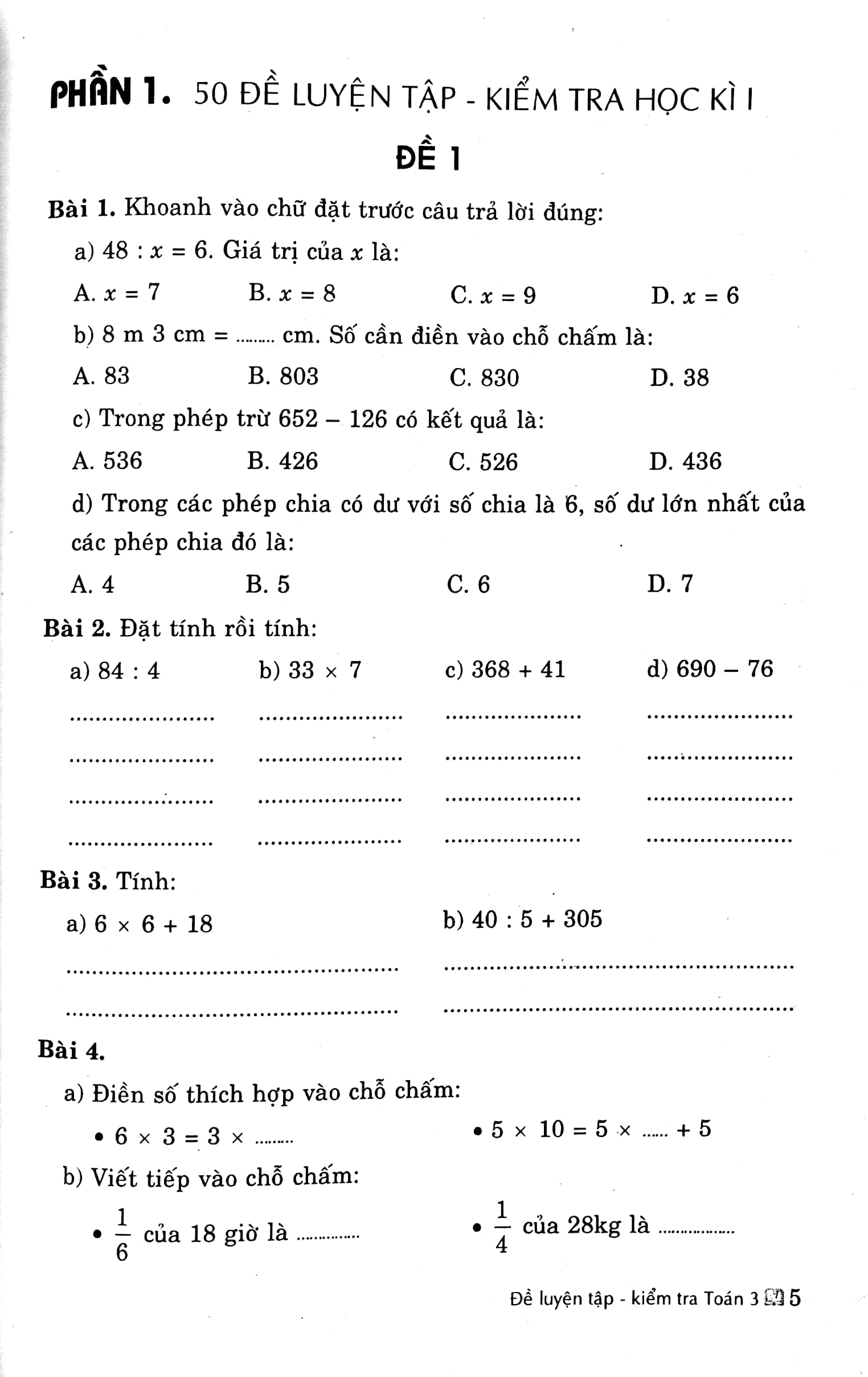 đề luyện tập kiểm tra toán 3 ( biên soạn theo chương trình giao dục phổ thông mới) - Ảnh 5