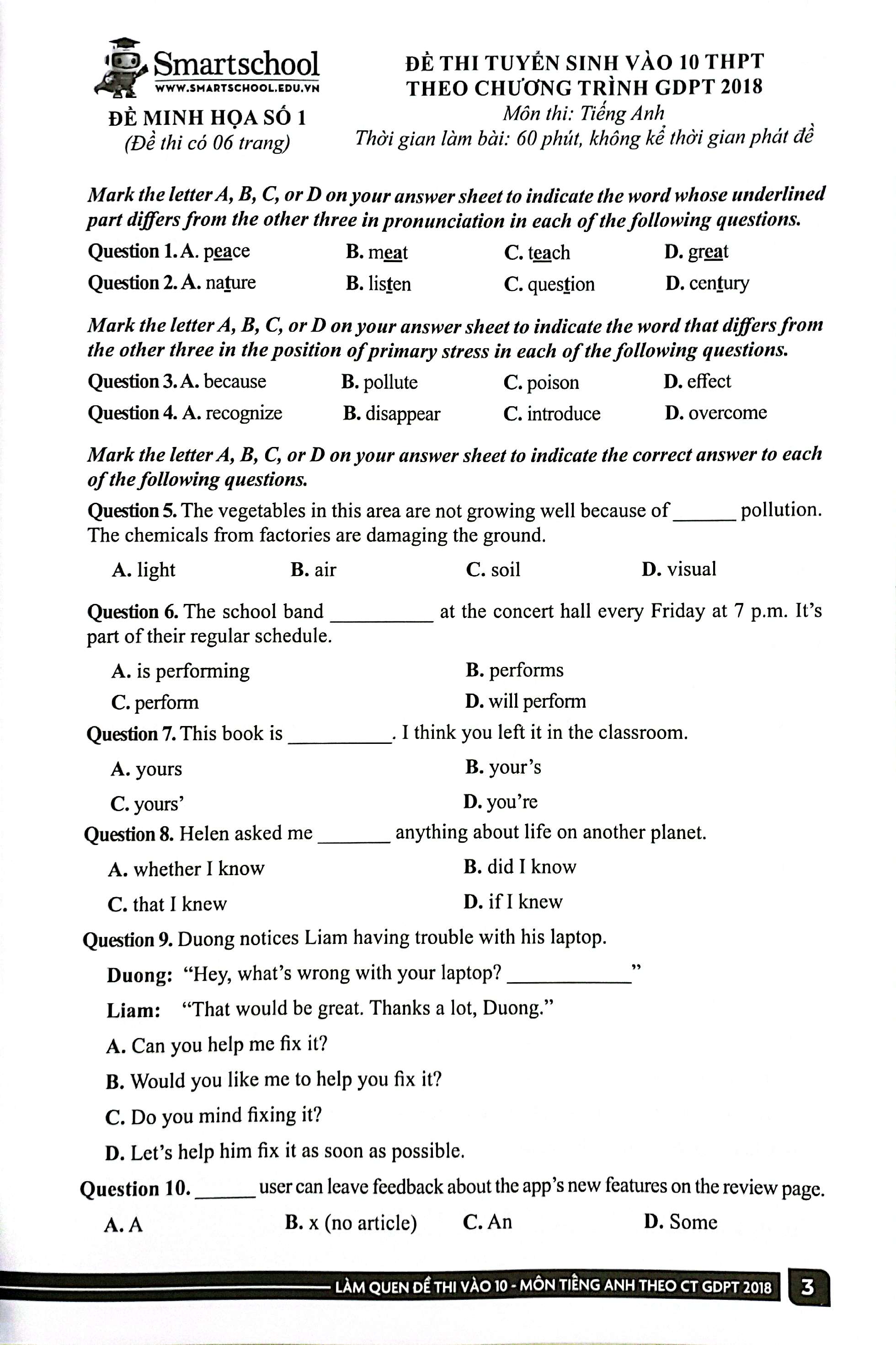 làm quen đề thi vào 10 - môn tiếng anh - theo ct gdpt 2018 - dành cho học sinh - Ảnh 6