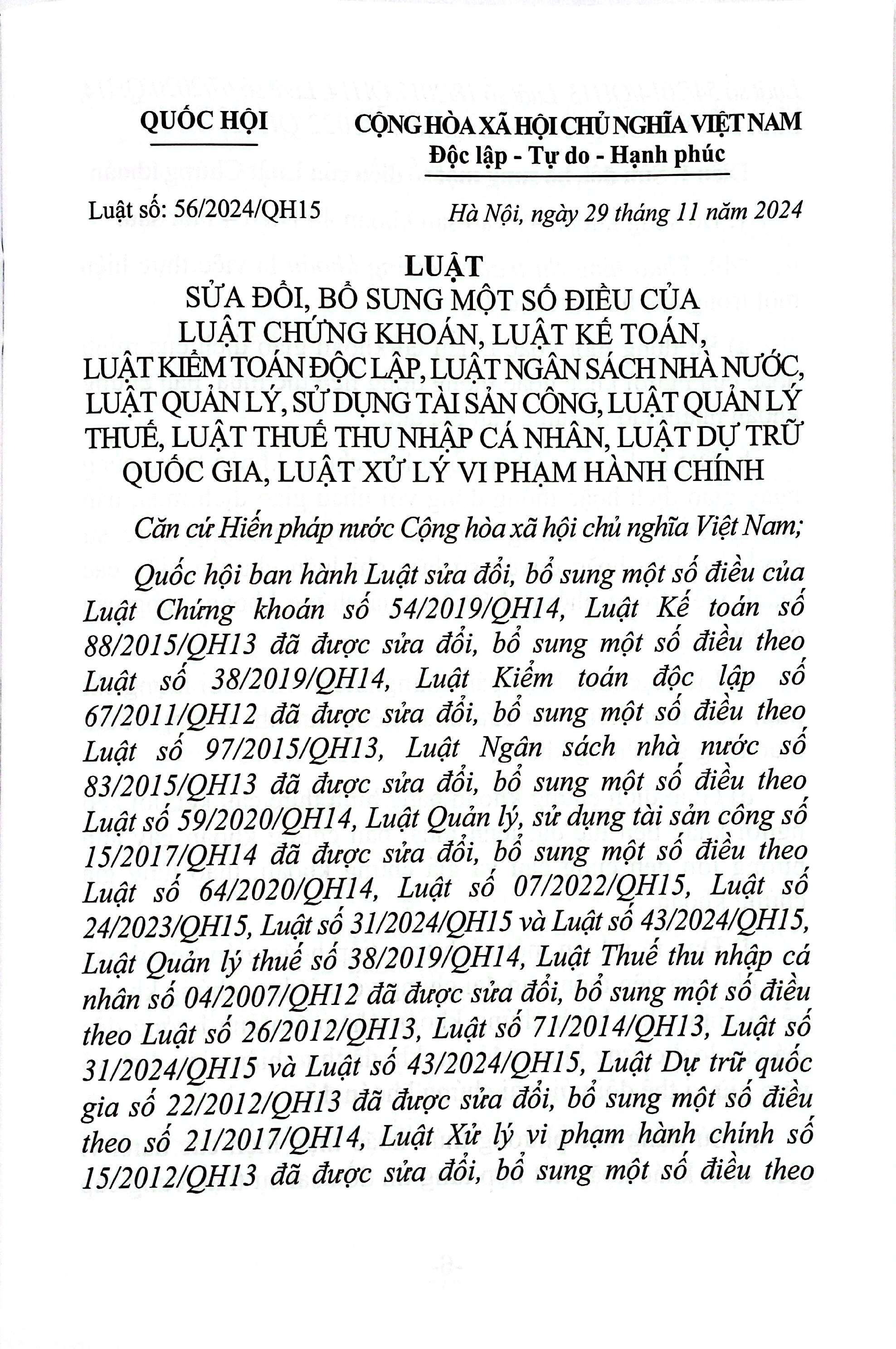 Luat Sua Doi, Bo Sung Mot So Dieu Cua Luat Chung Khoan, Luat Ke Toan, Luat Kiem Toan Doc Lap, Luat Ngan Sach Nha Nuoc, Luat Quan Ly, Su Dung Tai San Cong, Luat Quan Ly Thue, Luat Thue Thu Nhap Ca Nhan, Luat Du Tru Quoc Gia, Luat Xu Ly Vi Pham Hanh Chinh - Ảnh 5