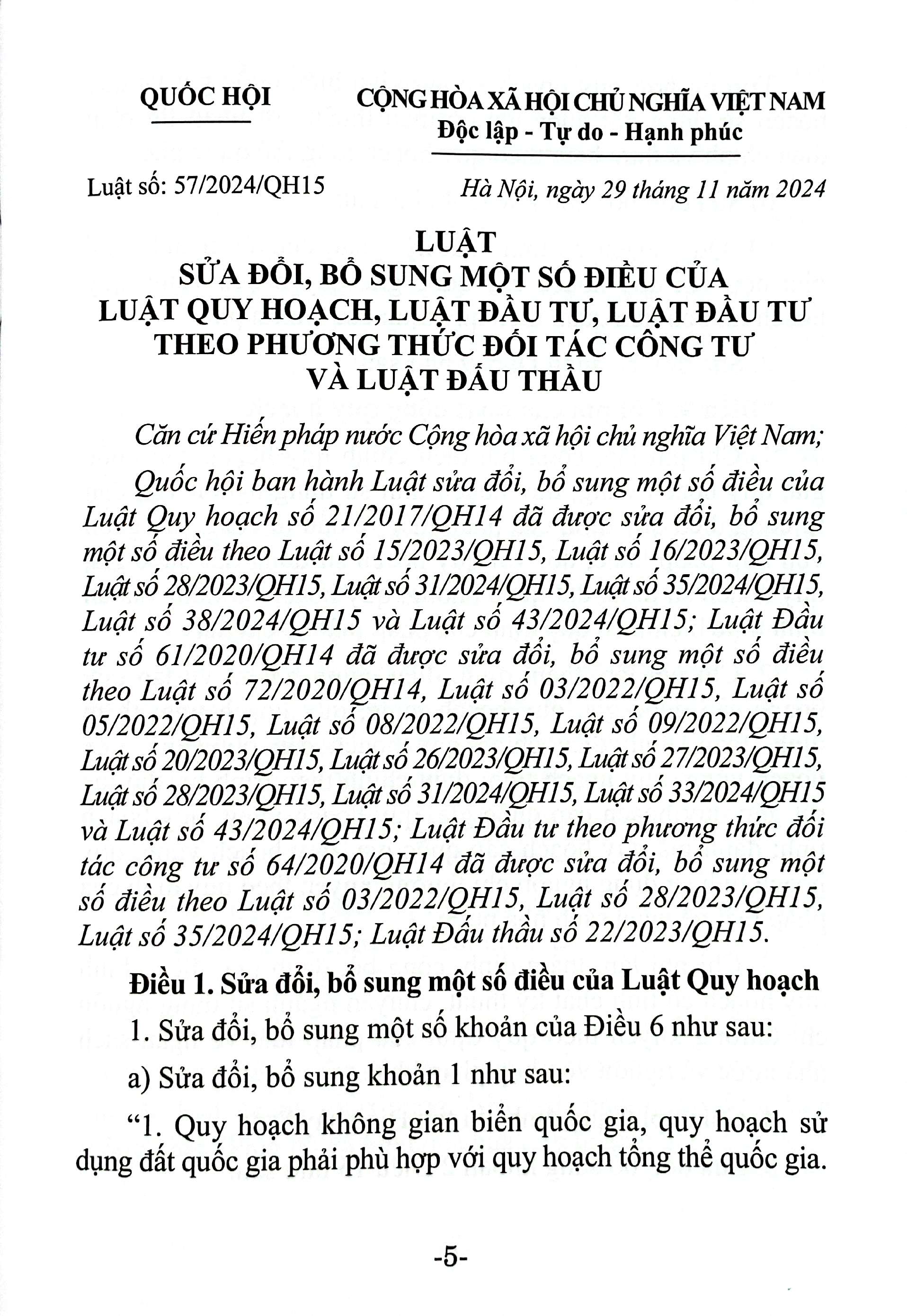 Luật Sửa Đổi, Bổ Sung Một Số Điều Của Luật Quy Hoạch, Luật Đầu Tư, Luật Đầu Tư Theo Phương Thức Đối Tác Công Tư Và Luật Đấu Thầu (Năm 2024) - Ảnh 5