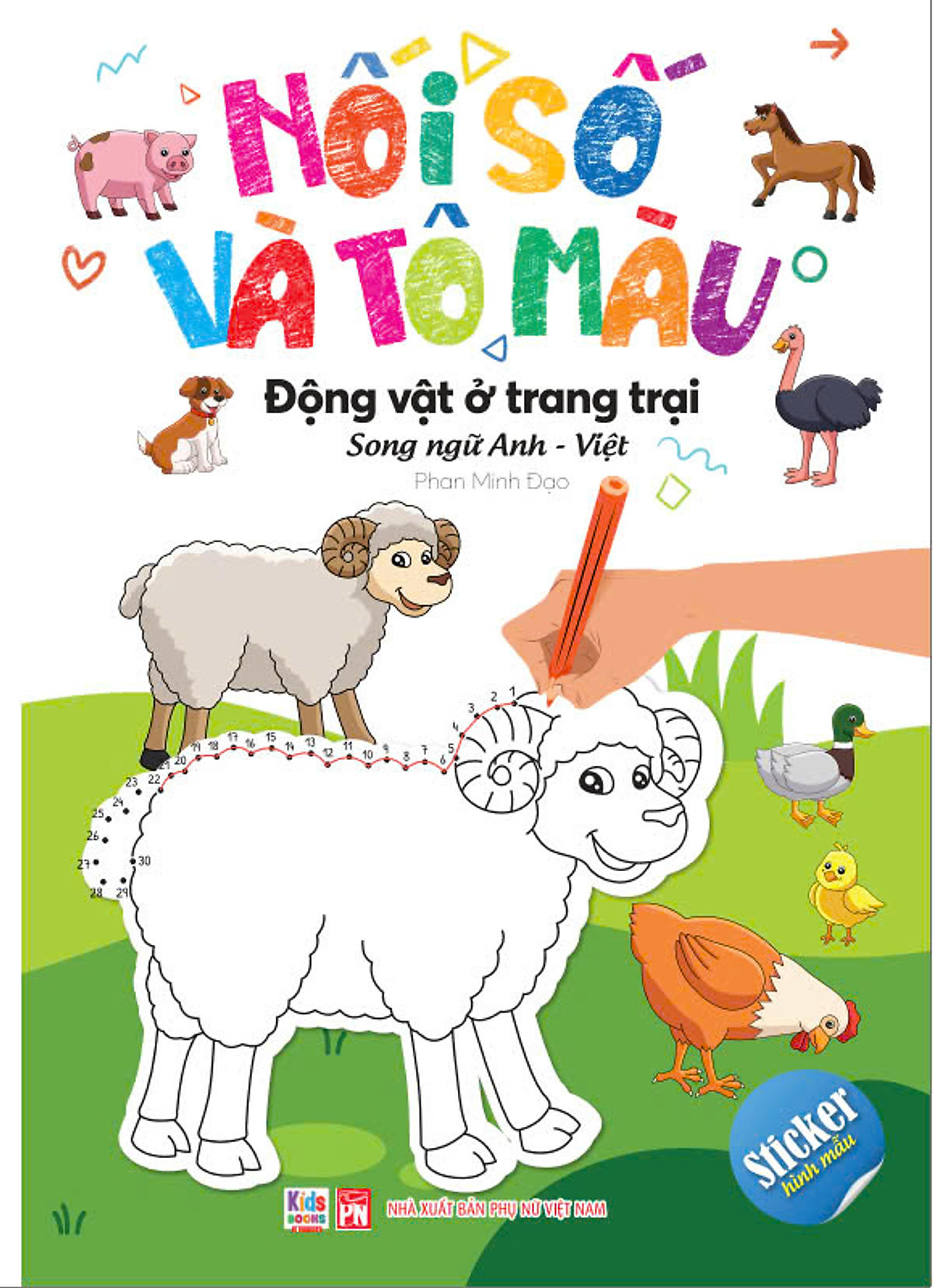 nối số và tô màu - động vật ở trang trại - song ngữ anh-việt - Ảnh 2