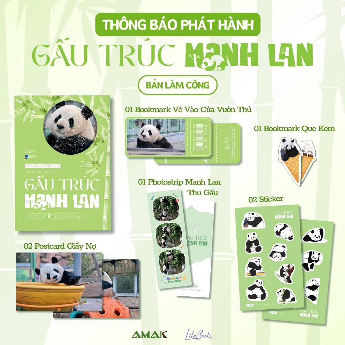 panda menglan - manh lan truyện - gấu trúc manh lan - tặng kèm 1 bookmark bế hình que kem + 1 bookmark vé vào cửa vườn thú + 1 photostrip + 2 postcard giấy ghi nợ + 2 sticker + 1 quạt tròn không cán cầm tay - Ảnh 2