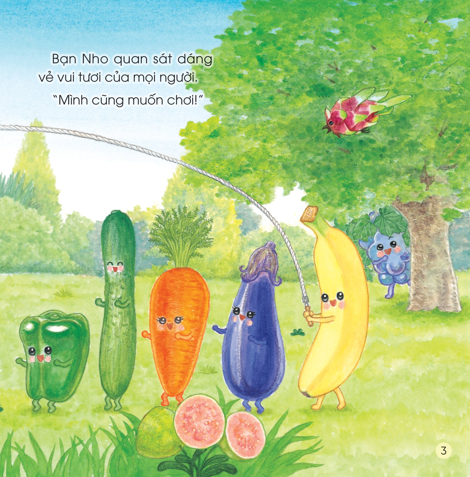 sách ehon - sức mạnh của những người bạn trái cây - có bạn nho, không lo bão cát - Ảnh 4