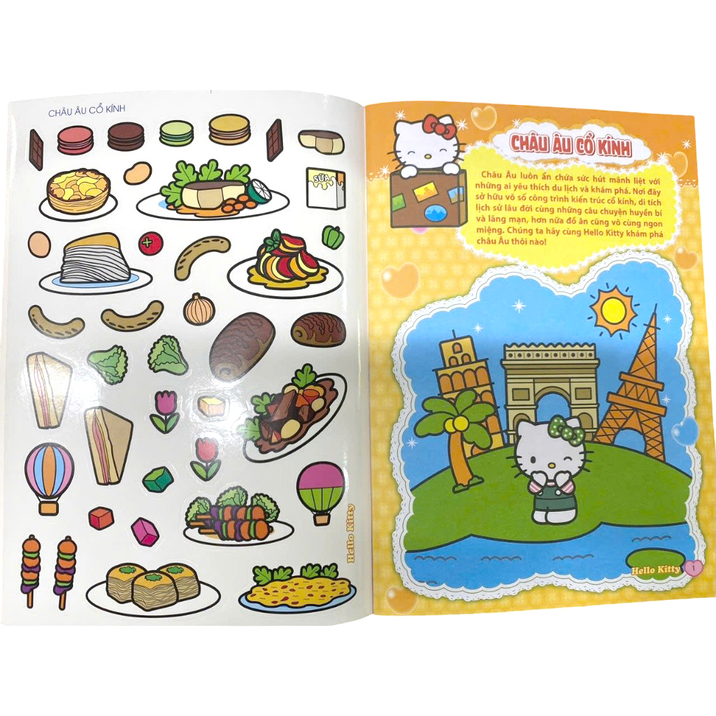 sách tô màu dán hình sticker - hello kitty tinh nghịch mê du lịch - châu âu cổ kính - Ảnh 3