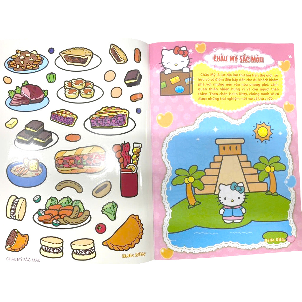 sách tô màu dán hình sticker - hello kitty tinh nghịch mê du lịch - châu mỹ sắc màu - Ảnh 3