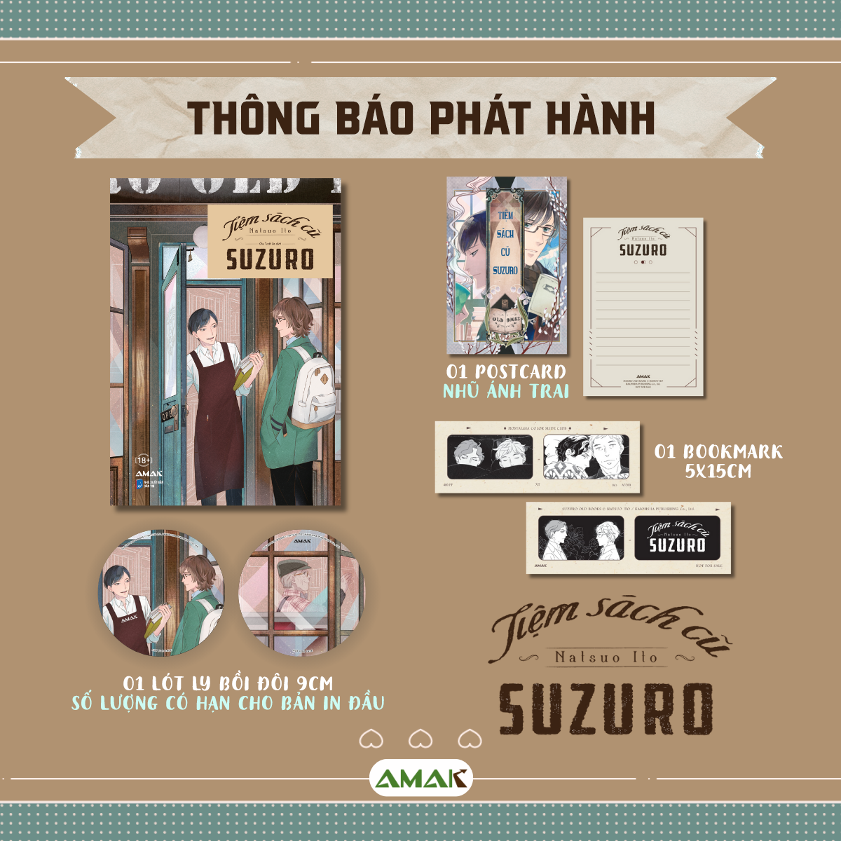 suzuro old books - tiệm sách cũ suzuro - tặng kèm bookmark hai mặt + postcard nhũ ánh trai + lót ly bồi đôi - Ảnh 2