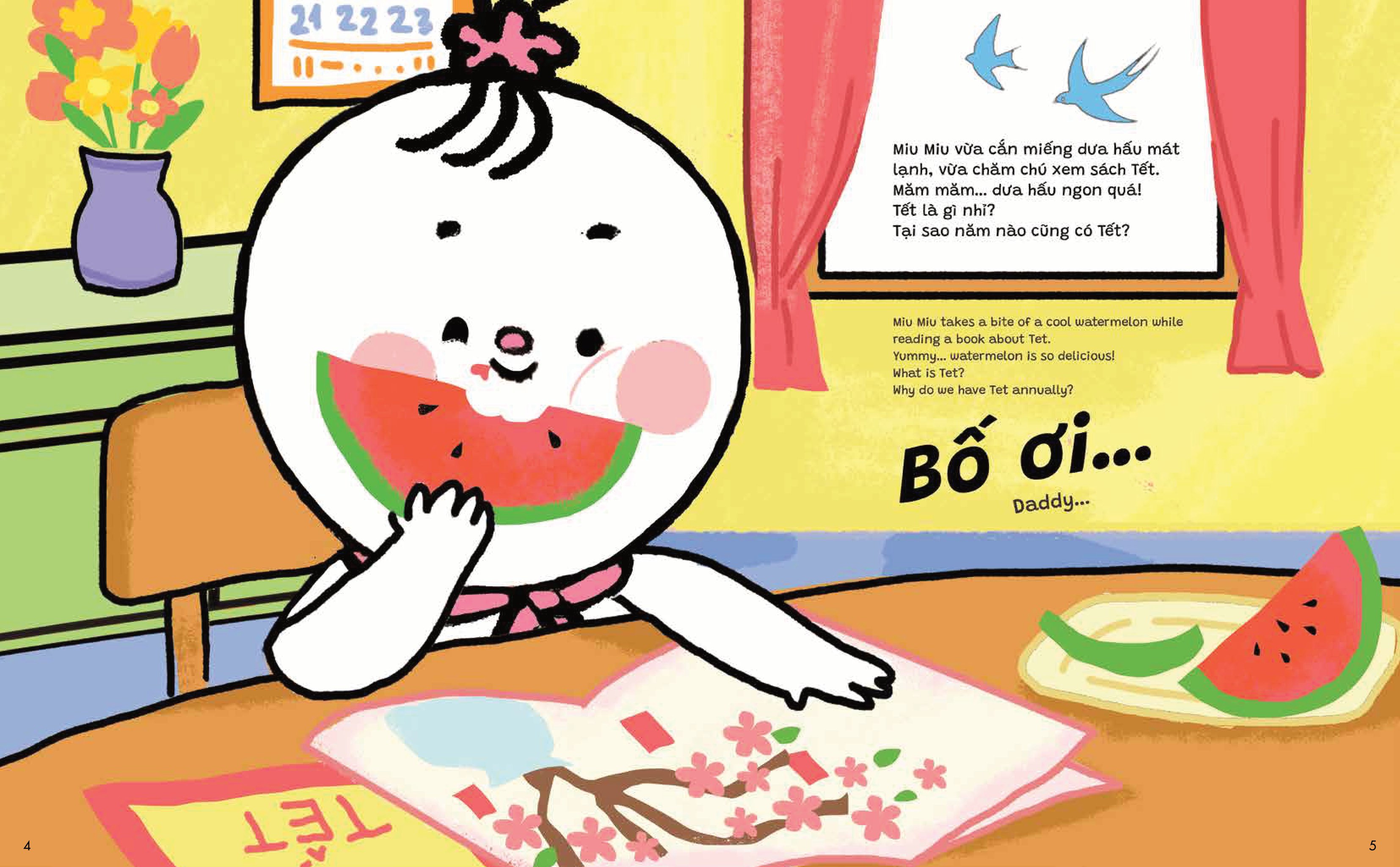 truyện ehon song ngữ việt-anh - miu bé nhỏ đón tết - bố ơi, tết! - Ảnh 5