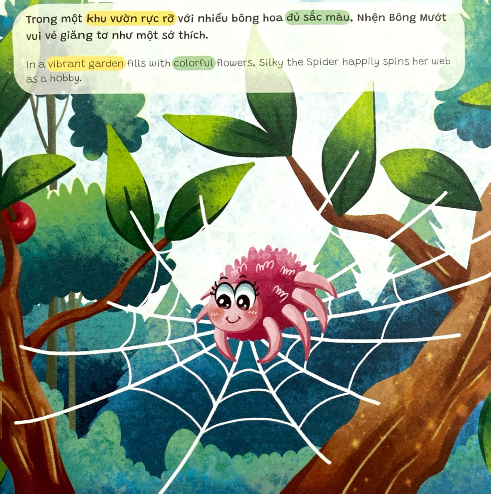 truyện tranh song ngữ anh-việt - tô màu tương tác - ngụ ngôn nhân quả - cô nhện bông mướt - Ảnh 4