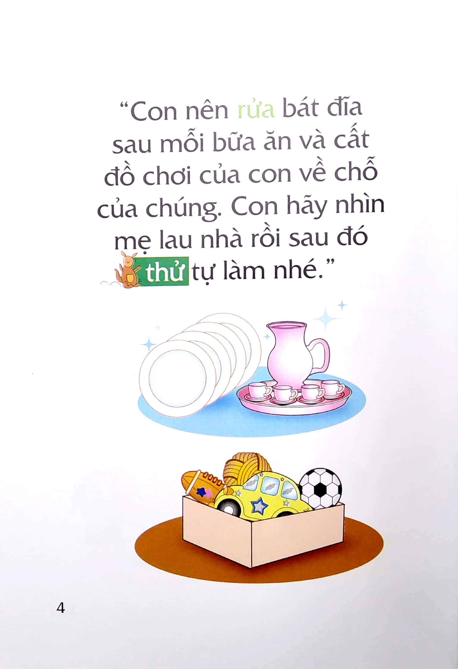 truyện tranh song ngữ việt - anh cho bé - a clean and tidy kangaroo - bạn kangaroo sạch sẽ, gọn gàng - Ảnh 5